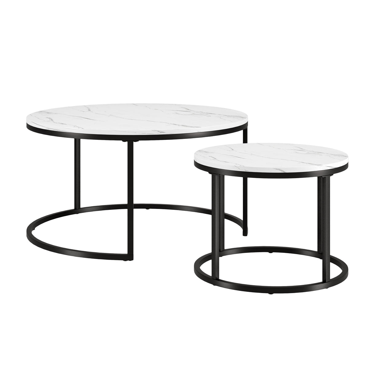 Set of Two 35" White And Black Faux Marble And Steel Round Nested Coffee Tables