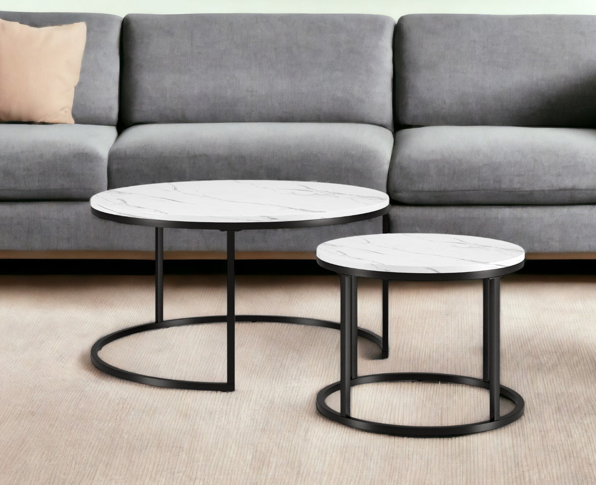 Set of Two 35" White And Black Faux Marble And Steel Round Nested Coffee Tables