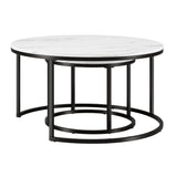 Set of Two 35" White And Black Faux Marble And Steel Round Nested Coffee Tables