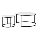 Set of Two 35" White And Black Faux Marble And Steel Round Nested Coffee Tables