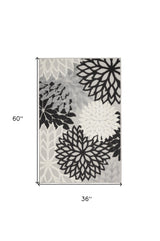 3' X 5' Black And White Floral Power Loom Area Rug