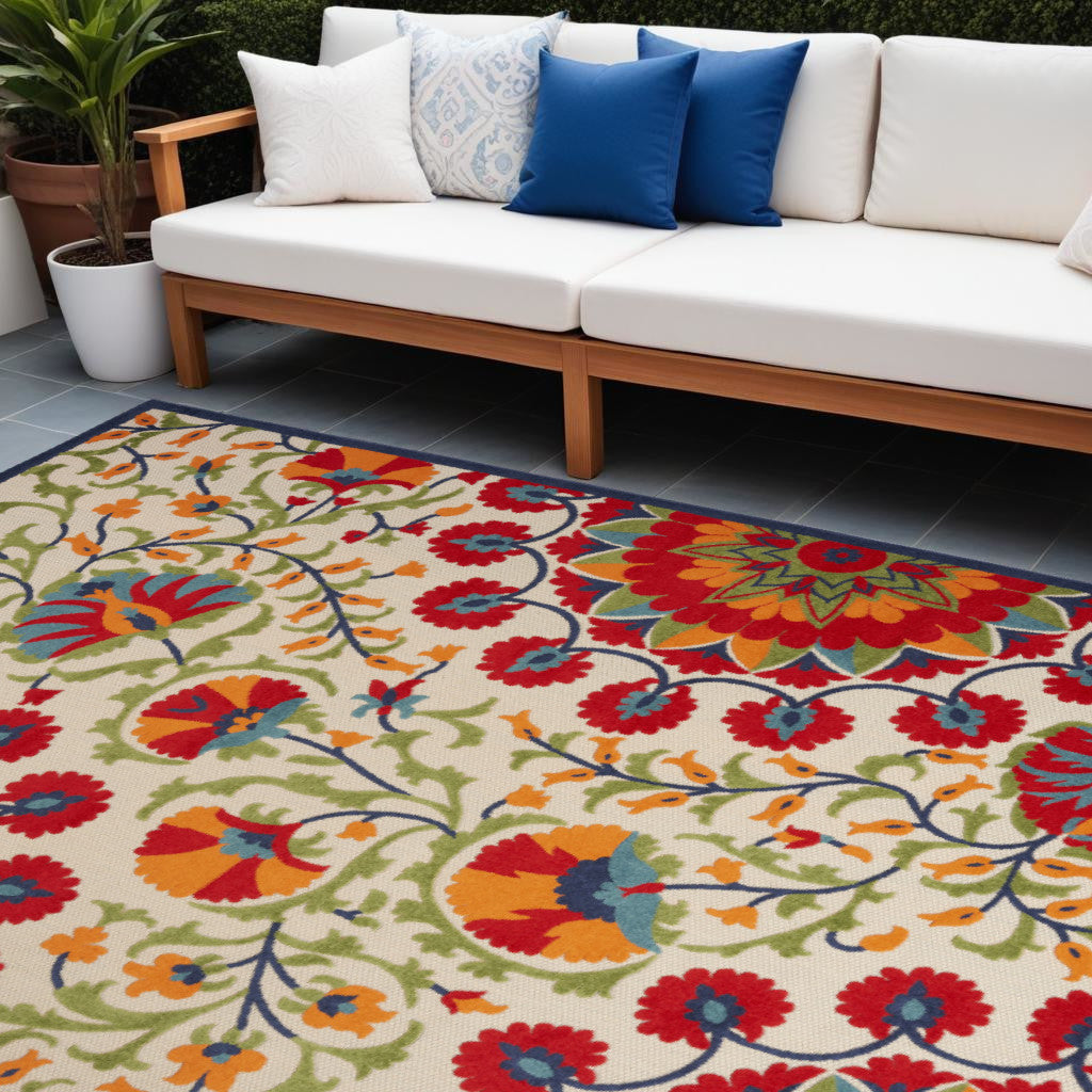 10' X 14' Red and Ivory Indoor Outdoor Area Rug