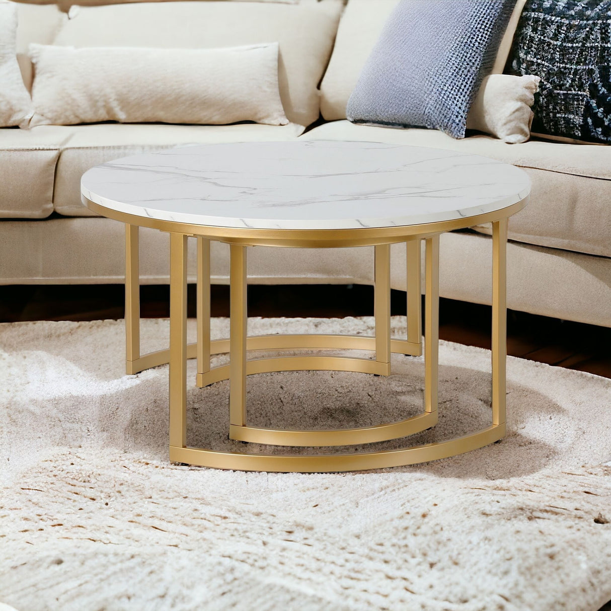 Set of Two 36" White And Gold Faux Marble And Steel Round Nested Coffee Tables