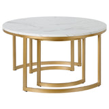 Set of Two 36" White And Gold Faux Marble And Steel Round Nested Coffee Tables