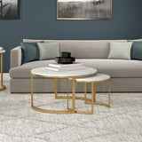 Set of Two 36" White And Gold Faux Marble And Steel Round Nested Coffee Tables