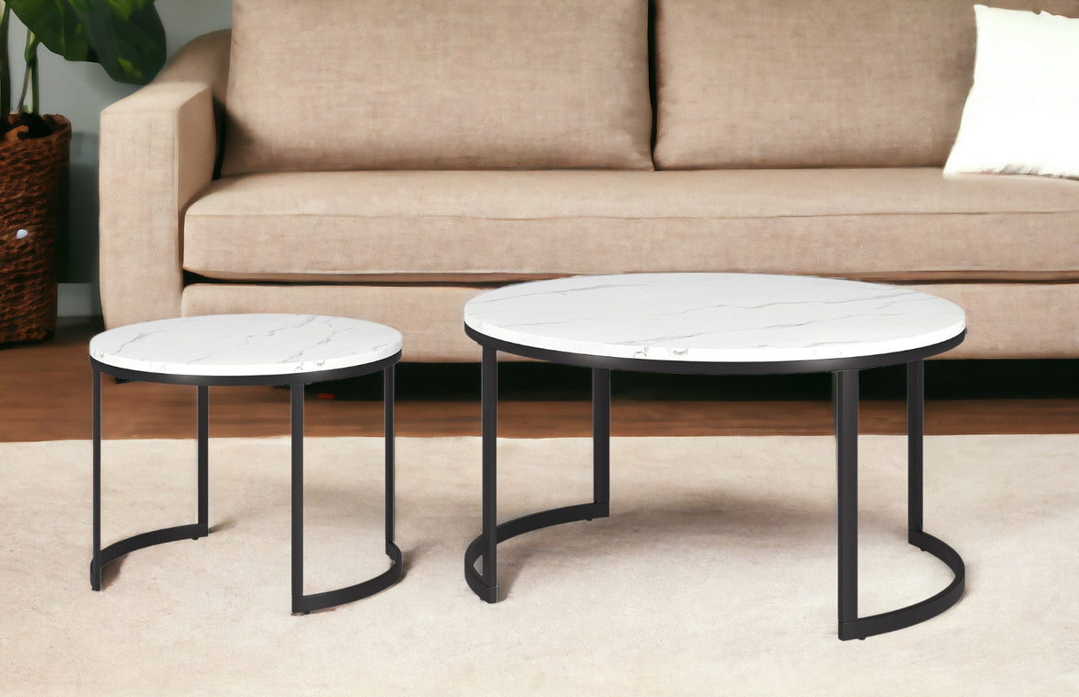 Set of Two 36" White And Black Faux Marble And Steel Round Nested Coffee Tables