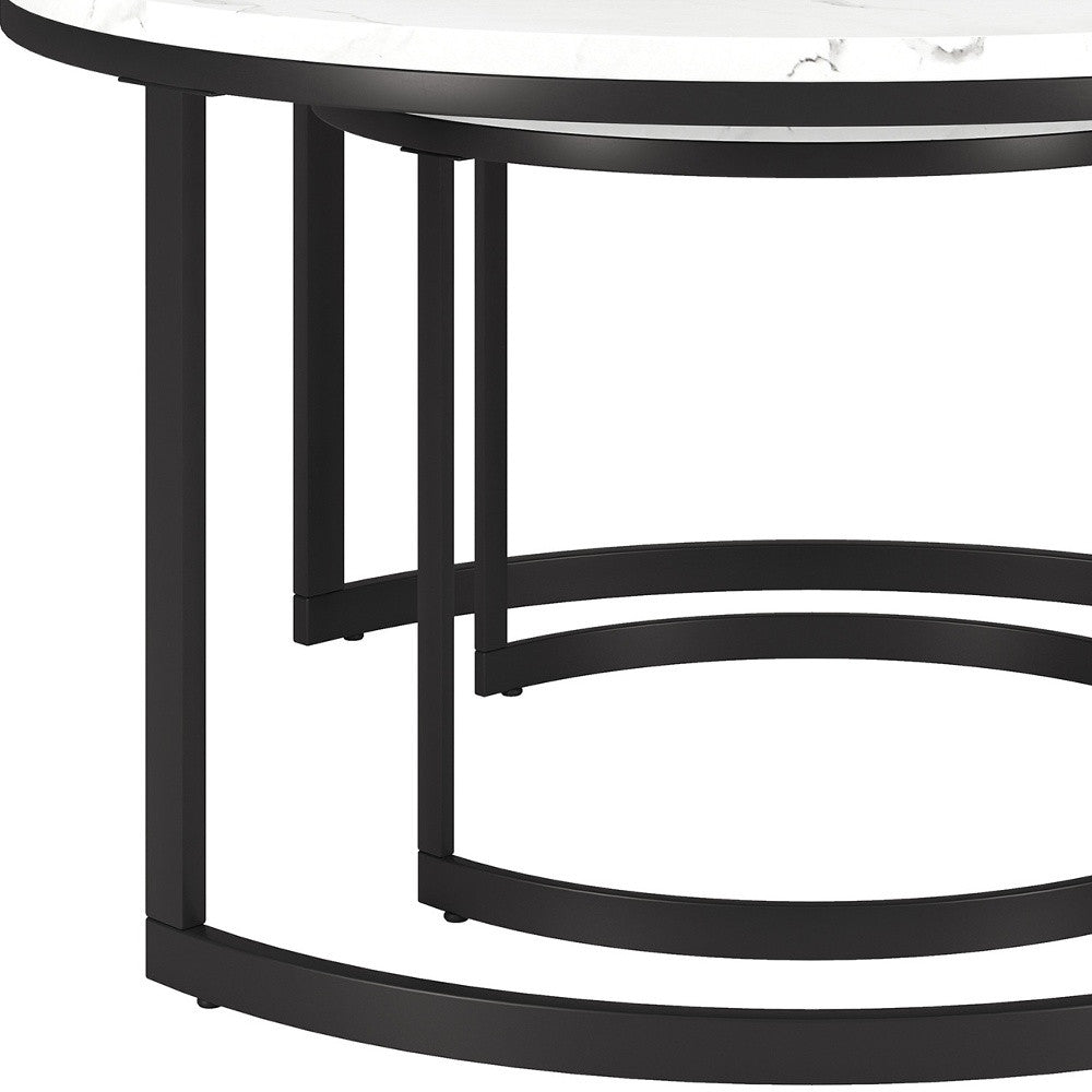 Set of Two 36" White And Black Faux Marble And Steel Round Nested Coffee Tables