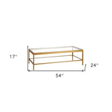 54" Clear And Gold Glass And Steel Coffee Table With Shelf