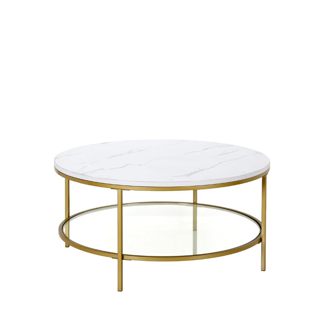 36" Gold Faux Marble And Steel Round Coffee Table With Shelf