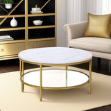 36" Gold Faux Marble And Steel Round Coffee Table With Shelf