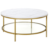 36" Gold Faux Marble And Steel Round Coffee Table With Shelf