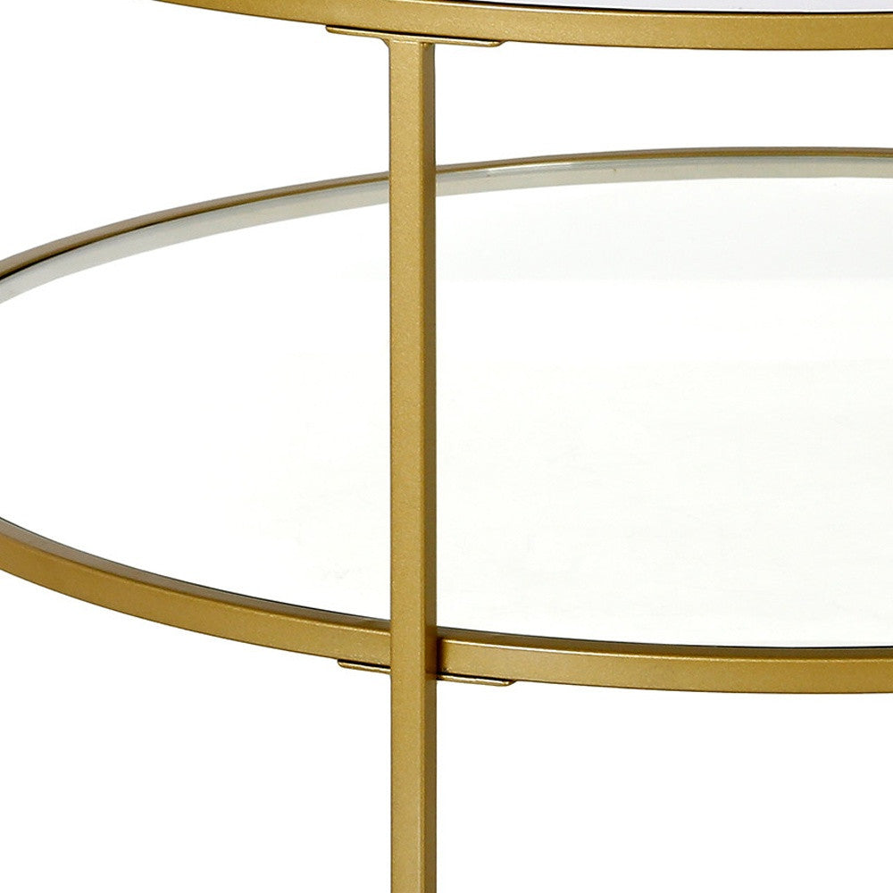 36" Gold Faux Marble And Steel Round Coffee Table With Shelf