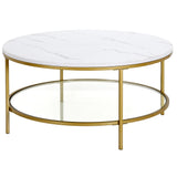 36" Gold Faux Marble And Steel Round Coffee Table With Shelf