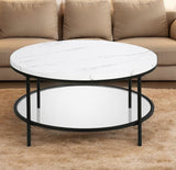 36" Black Faux Marble And Steel Round Coffee Table With Shelf