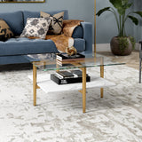 32" White And Gold Glass And Steel Square Coffee Table With Shelf