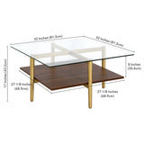 32" Brown And Gold Glass And Steel Square Coffee Table With Shelf