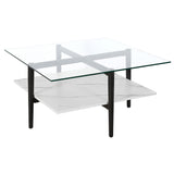 32" White And Black Glass And Steel Square Coffee Table With Shelf