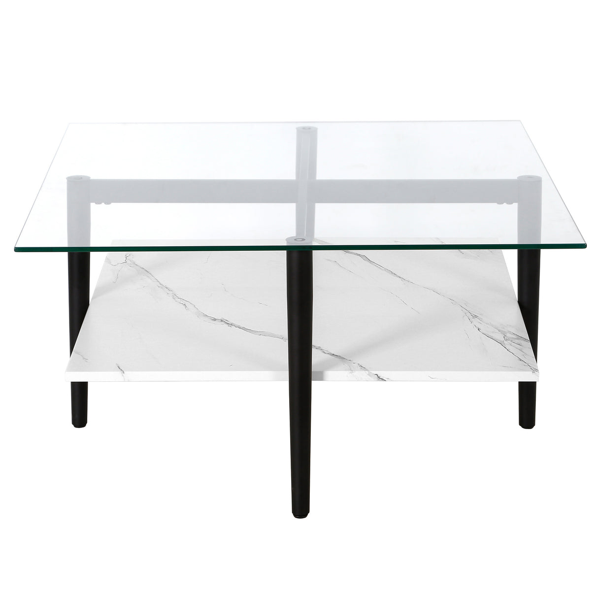 32" White And Black Glass And Steel Square Coffee Table With Shelf