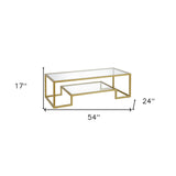 54" Clear And Gold Glass And Steel Coffee Table With Shelf