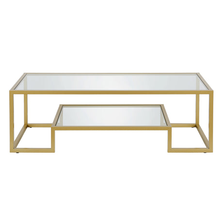 54" Clear And Gold Glass And Steel Coffee Table With Shelf