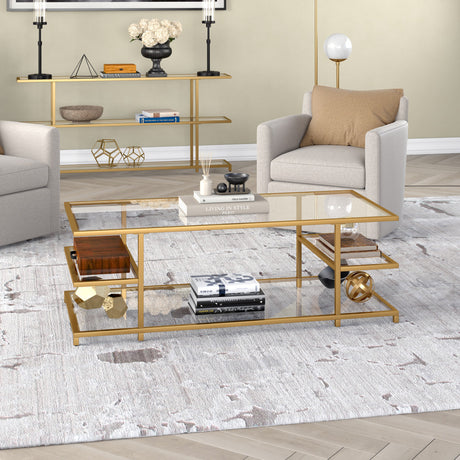 54" Gold Glass And Steel Coffee Table With Three Shelves