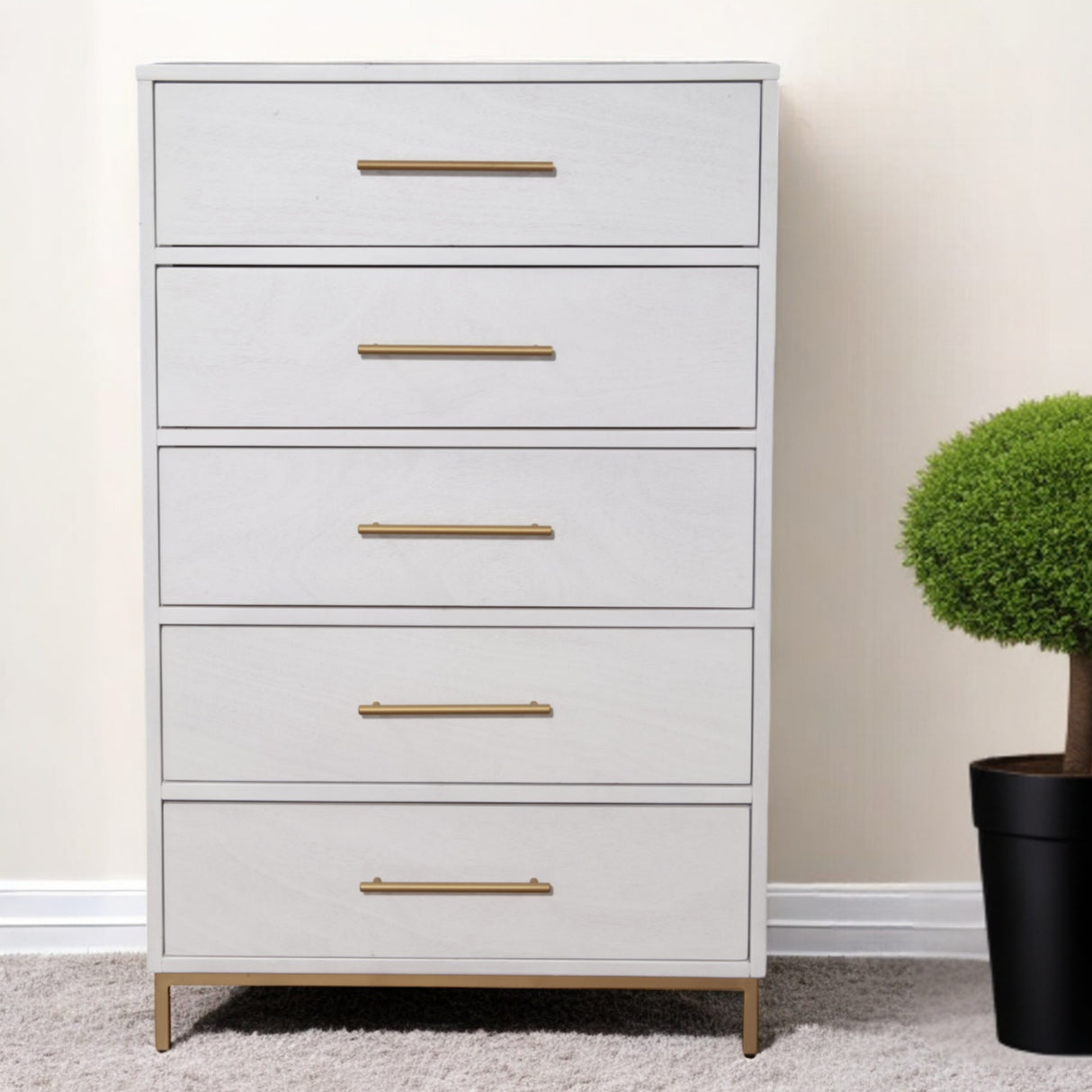 30" White Solid Wood Five Drawer Chest