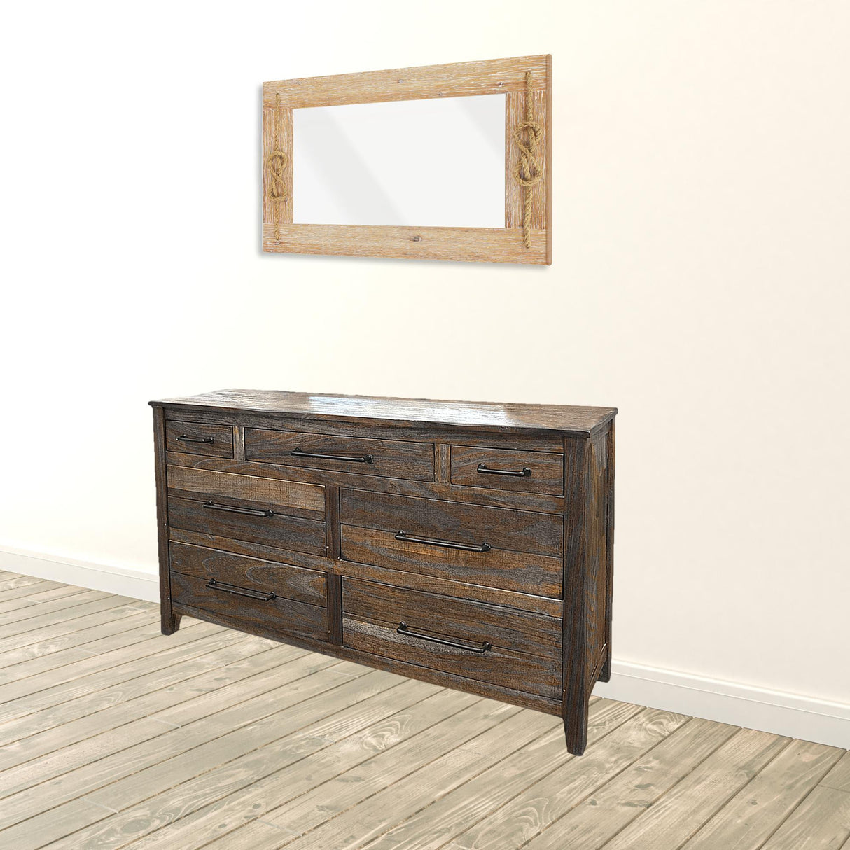 64" Natural Solid Wood Seven Drawer Double Dresser