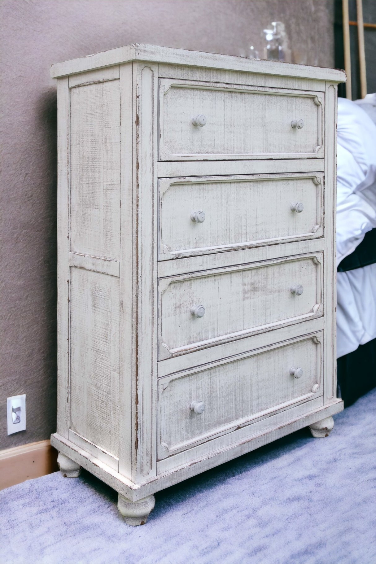 37" Antiqued White Solid Wood Four Drawer Chest