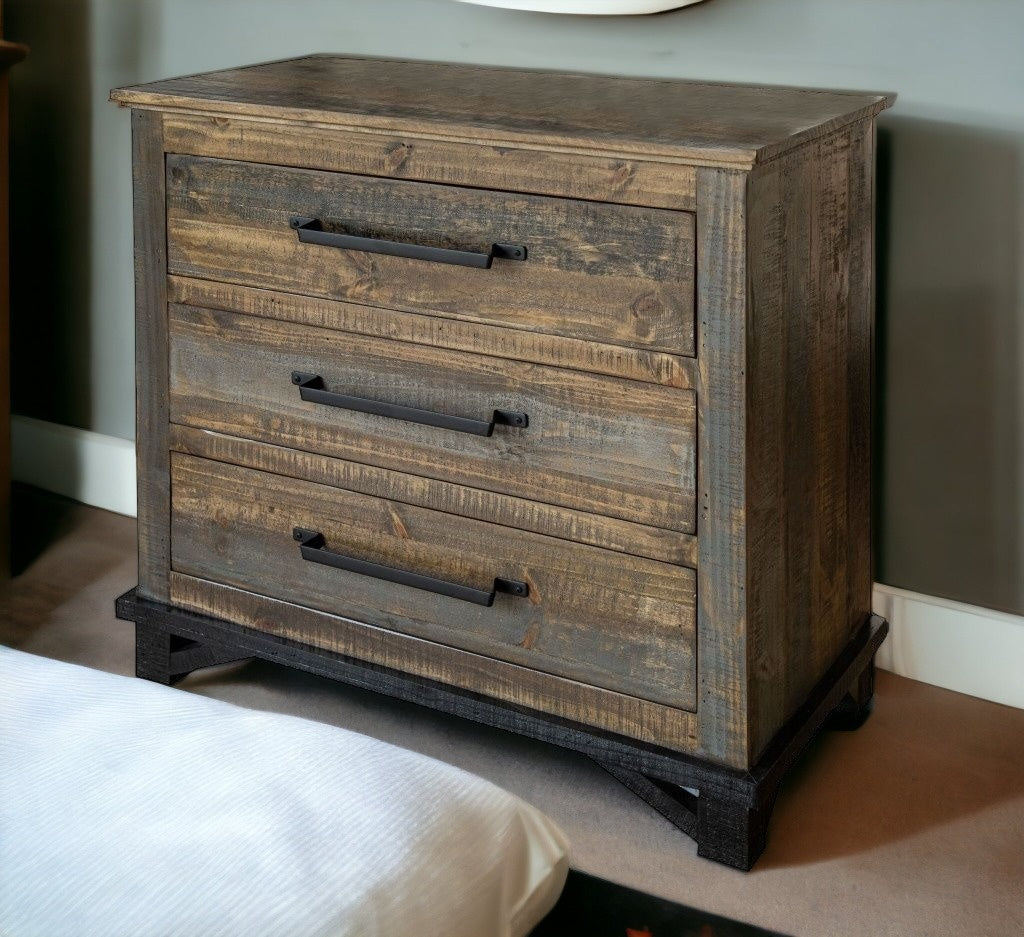 37" Brown and Gray Solid Wood Three Drawer Chest