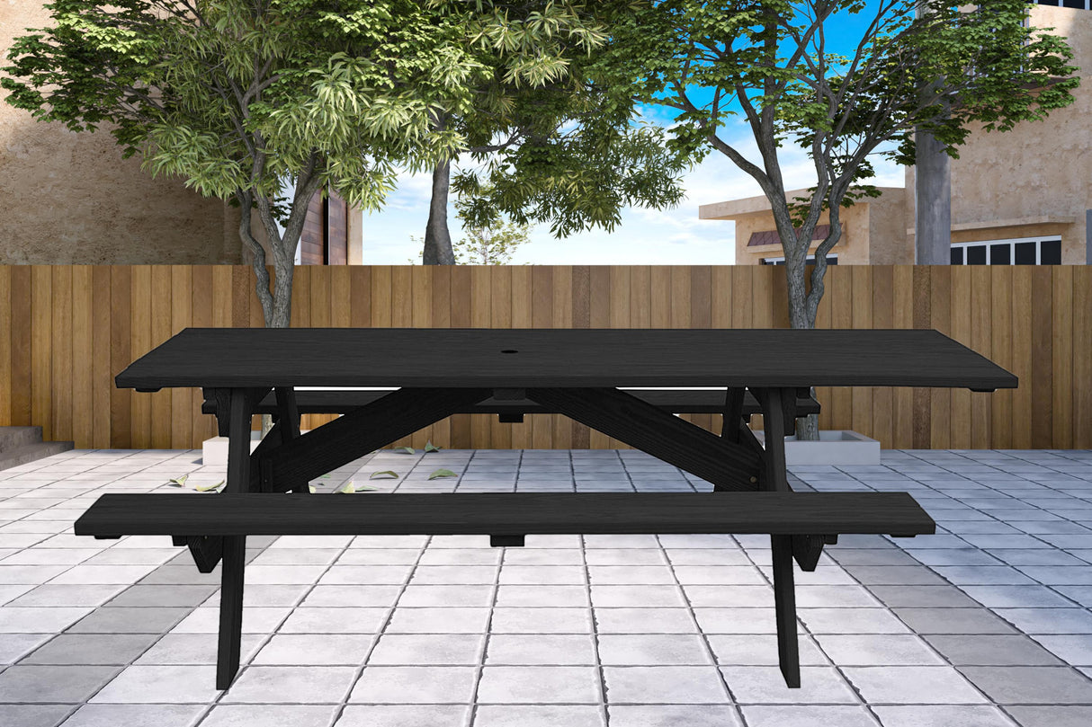 94" Charcoal Solid Wood Outdoor Picnic Table with Umbrella Hole