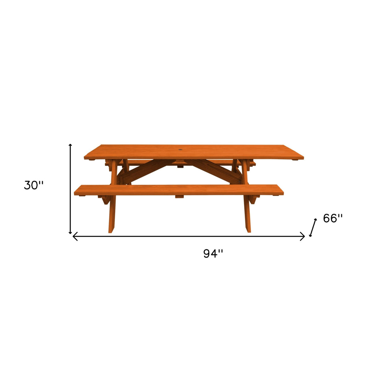 94" Redwood Solid Wood Outdoor Picnic Table with Umbrella Hole