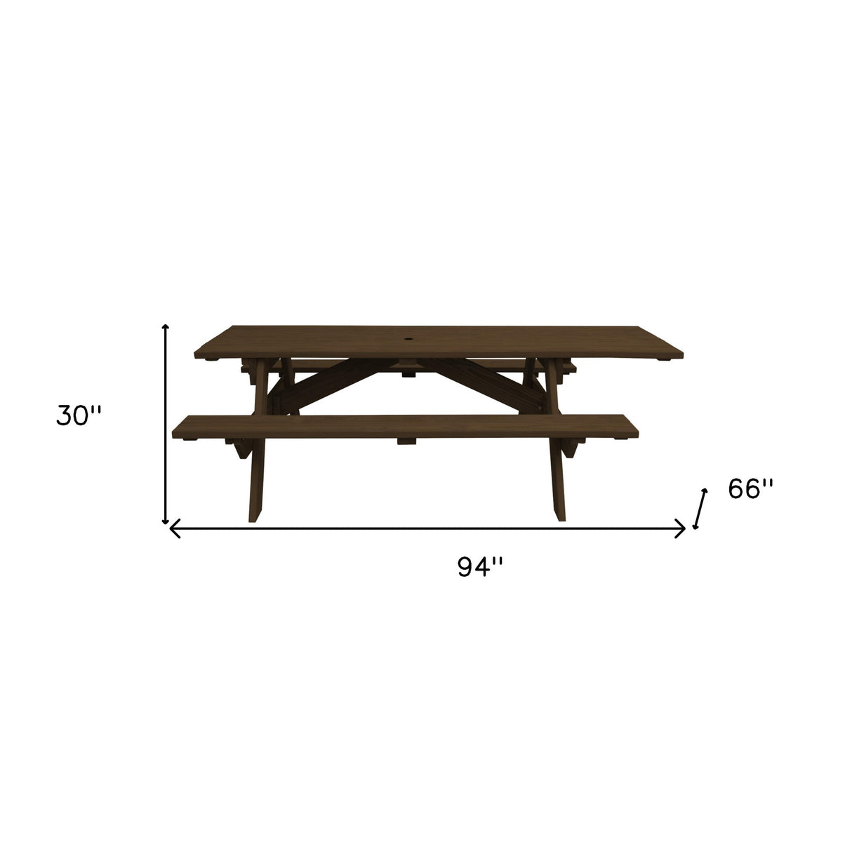 94" Dark Brown Solid Wood Outdoor Picnic Table with Umbrella Hole
