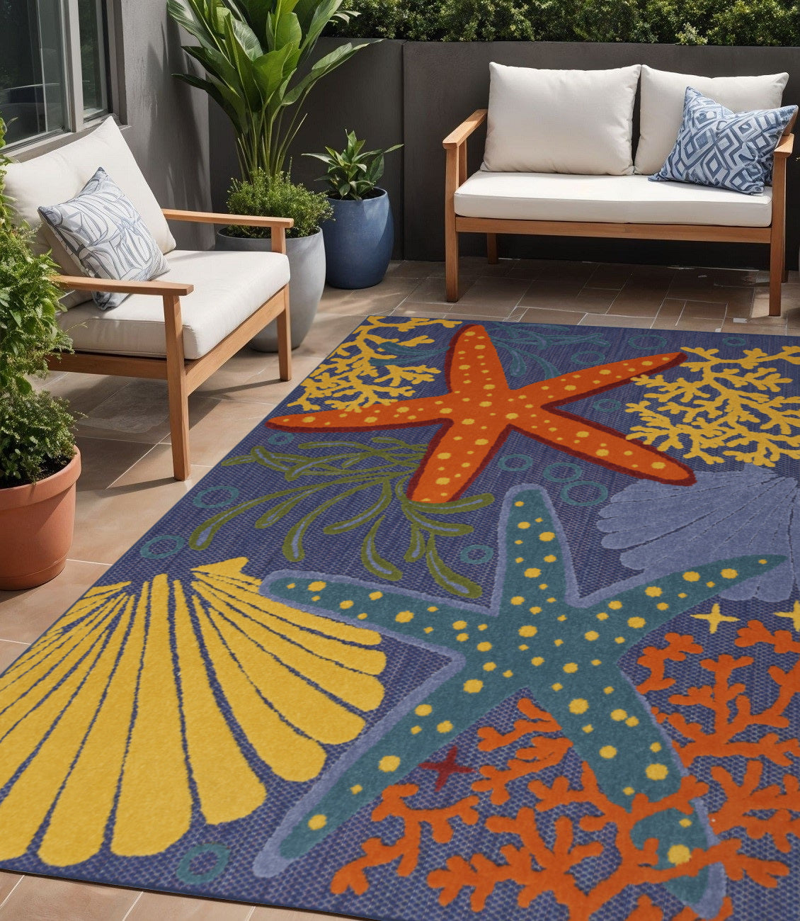 5' X 7' Orange Green and Blue Indoor Outdoor Area Rug