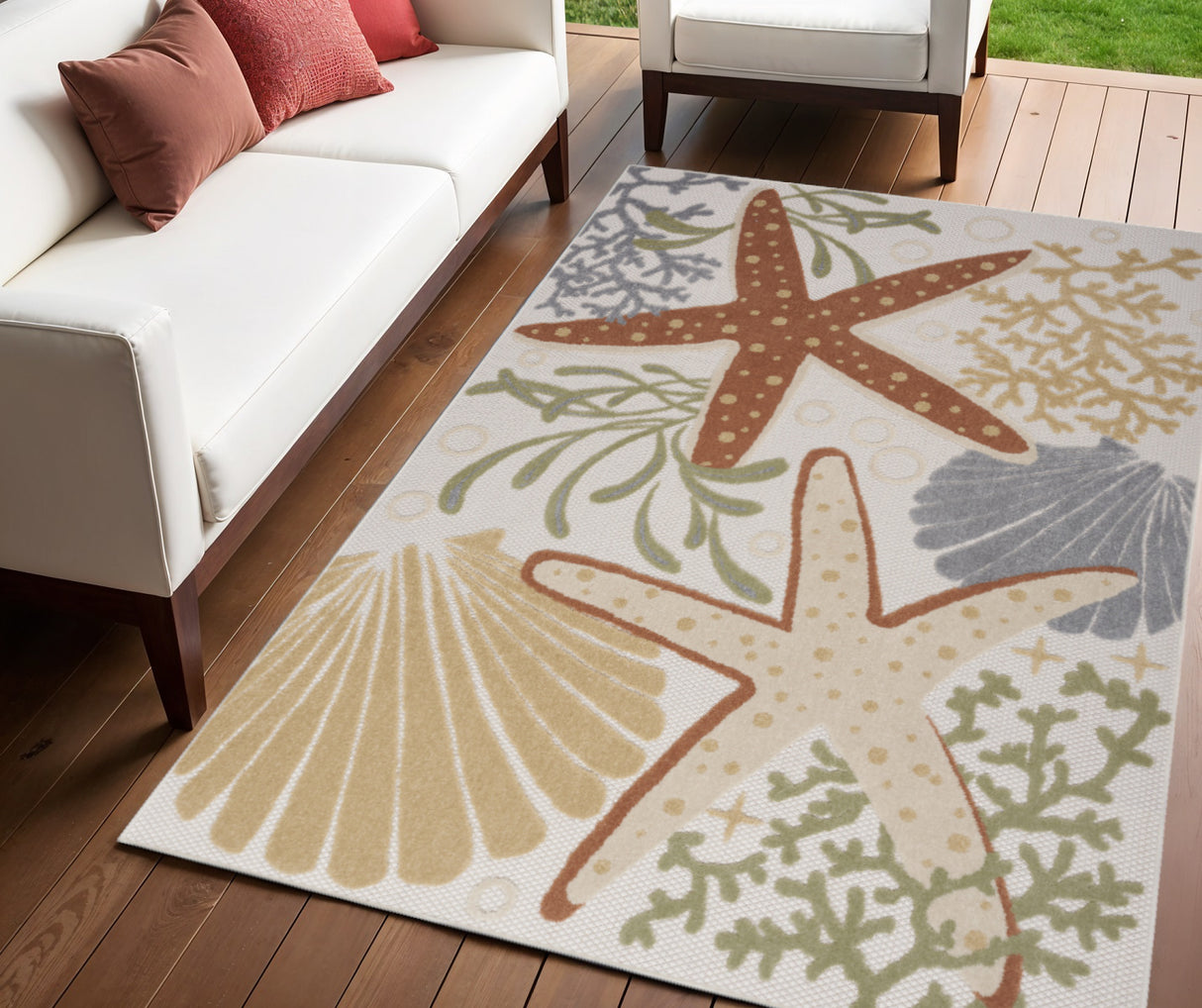 4' X 6' Ivory Orange and Blue Indoor Outdoor Area Rug