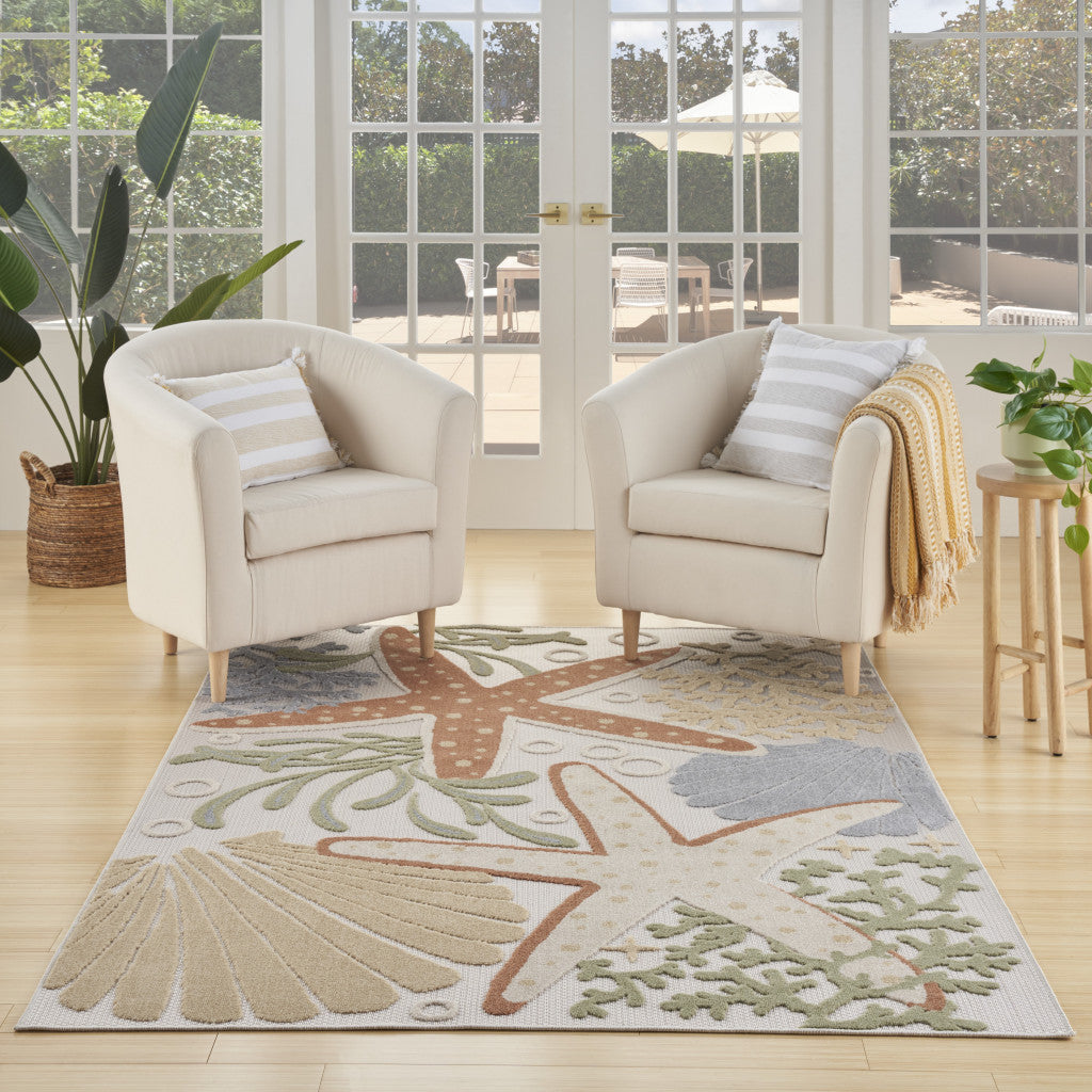 4' X 6' Ivory Orange and Blue Indoor Outdoor Area Rug