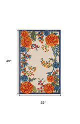 3' X 4' Ivory Orange and Blue Floral Indoor Outdoor Area Rug