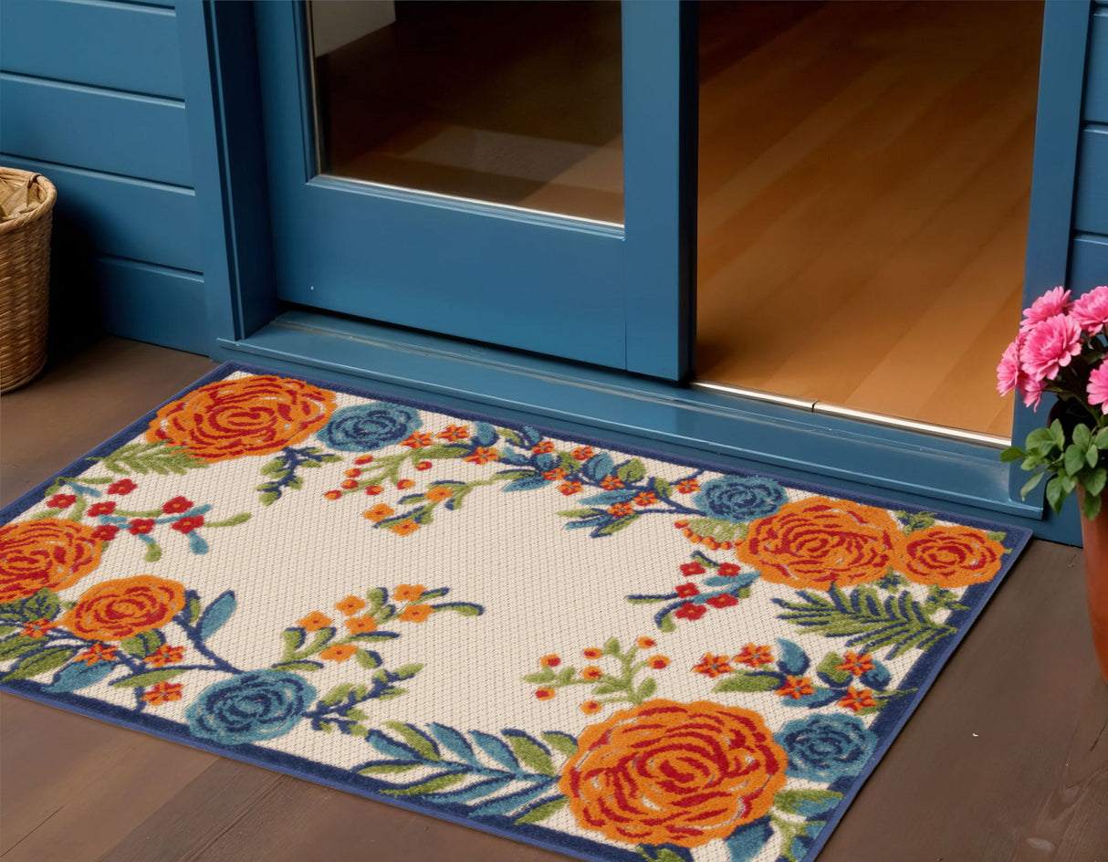 3' X 4' Ivory Orange and Blue Floral Indoor Outdoor Area Rug