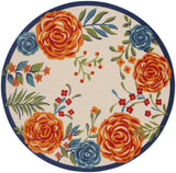 8' Ivory Orange and Blue Round Floral Indoor Outdoor Area Rug