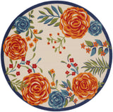 8' Ivory Orange and Blue Round Floral Indoor Outdoor Area Rug