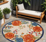 8' Ivory Orange and Blue Round Floral Indoor Outdoor Area Rug