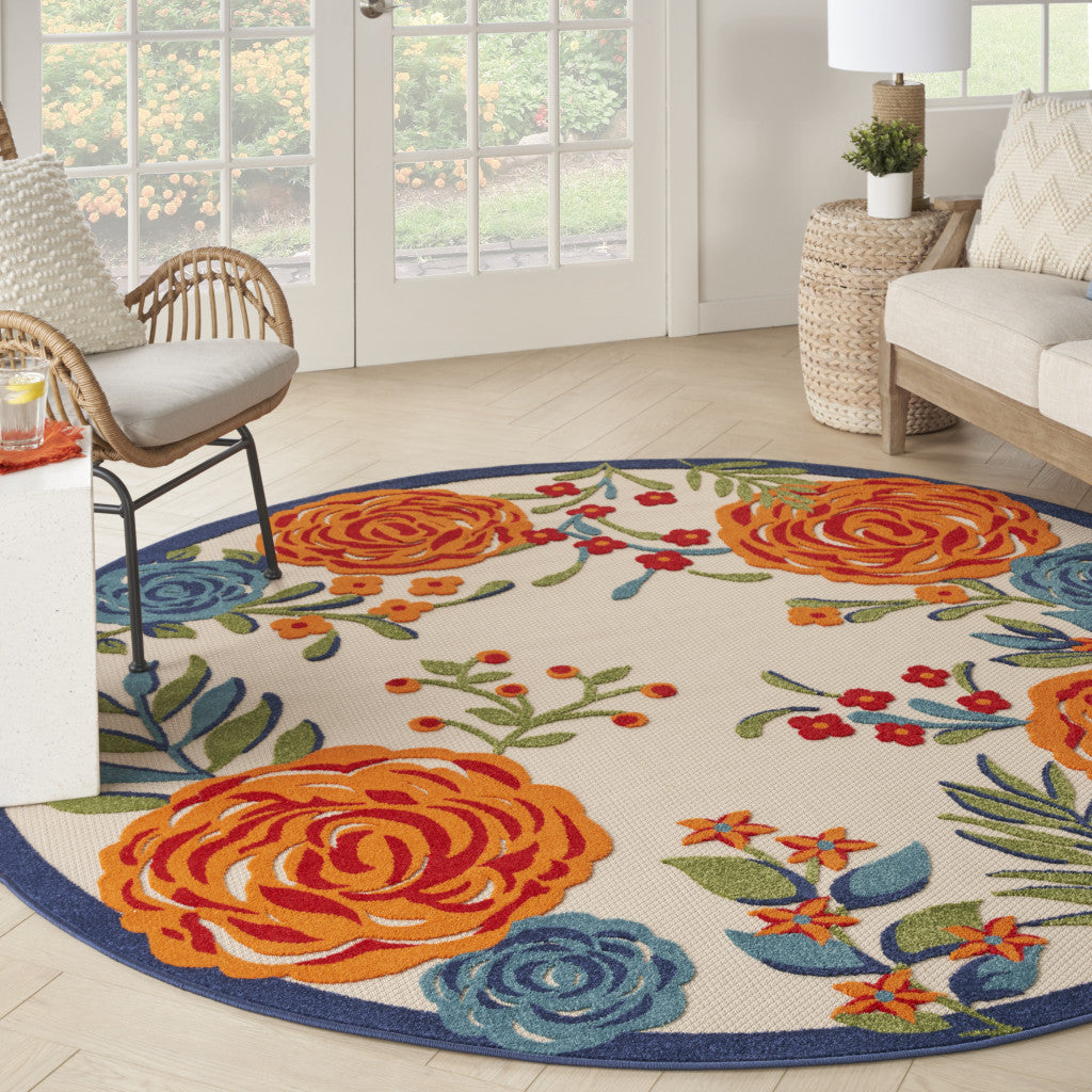 8' Ivory Orange and Blue Round Floral Indoor Outdoor Area Rug