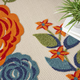 8' Ivory Orange and Blue Round Floral Indoor Outdoor Area Rug