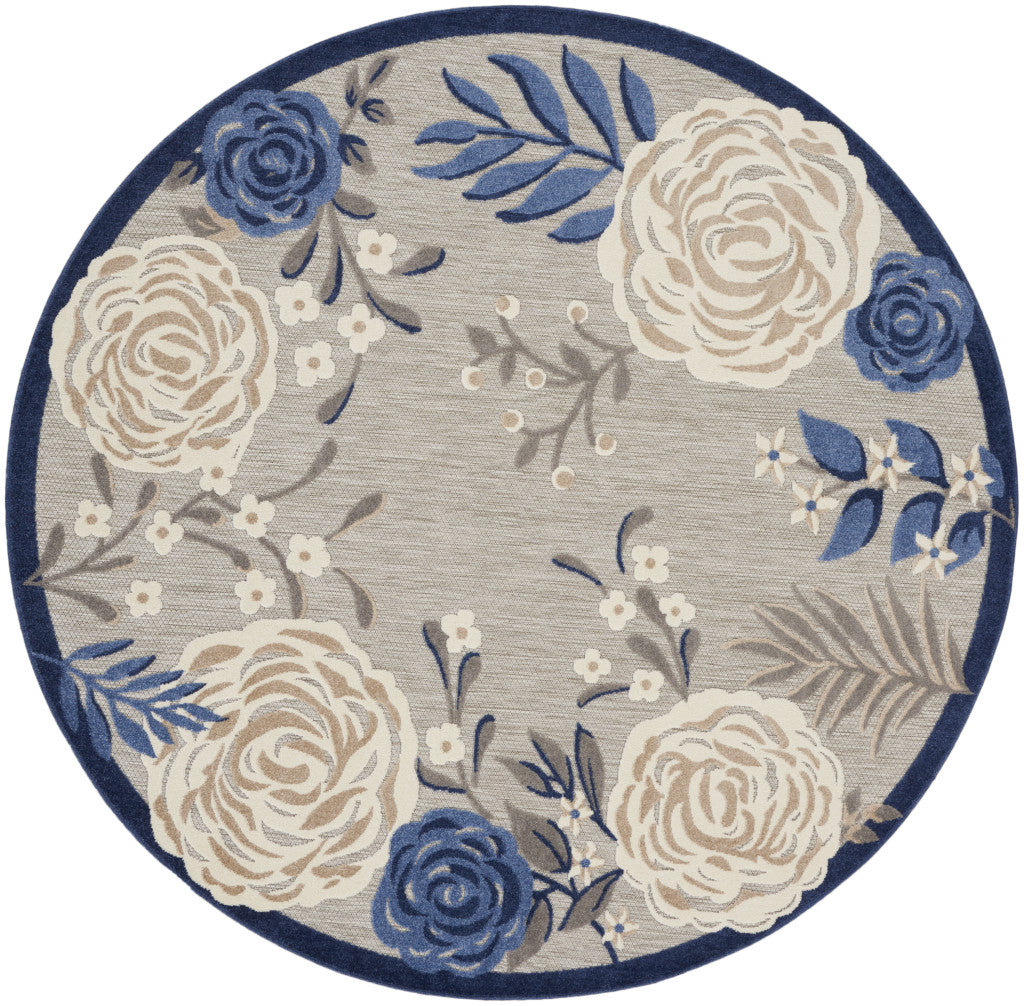 8' Blue and Gray Round Floral Indoor Outdoor Area Rug