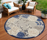 8' Blue and Gray Round Floral Indoor Outdoor Area Rug