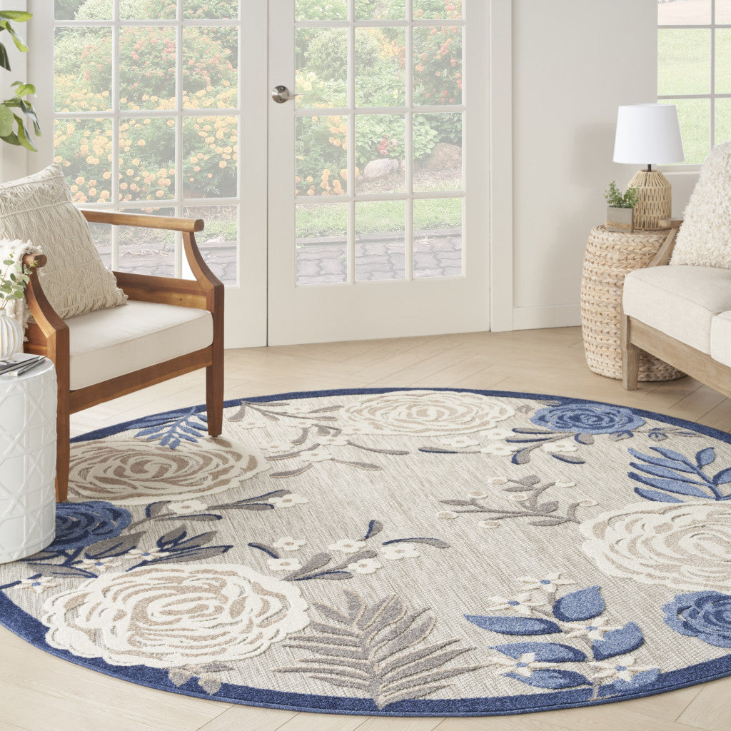 8' Blue and Gray Round Floral Indoor Outdoor Area Rug