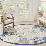 8' Blue and Gray Round Floral Indoor Outdoor Area Rug