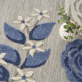 8' Blue and Gray Round Floral Indoor Outdoor Area Rug