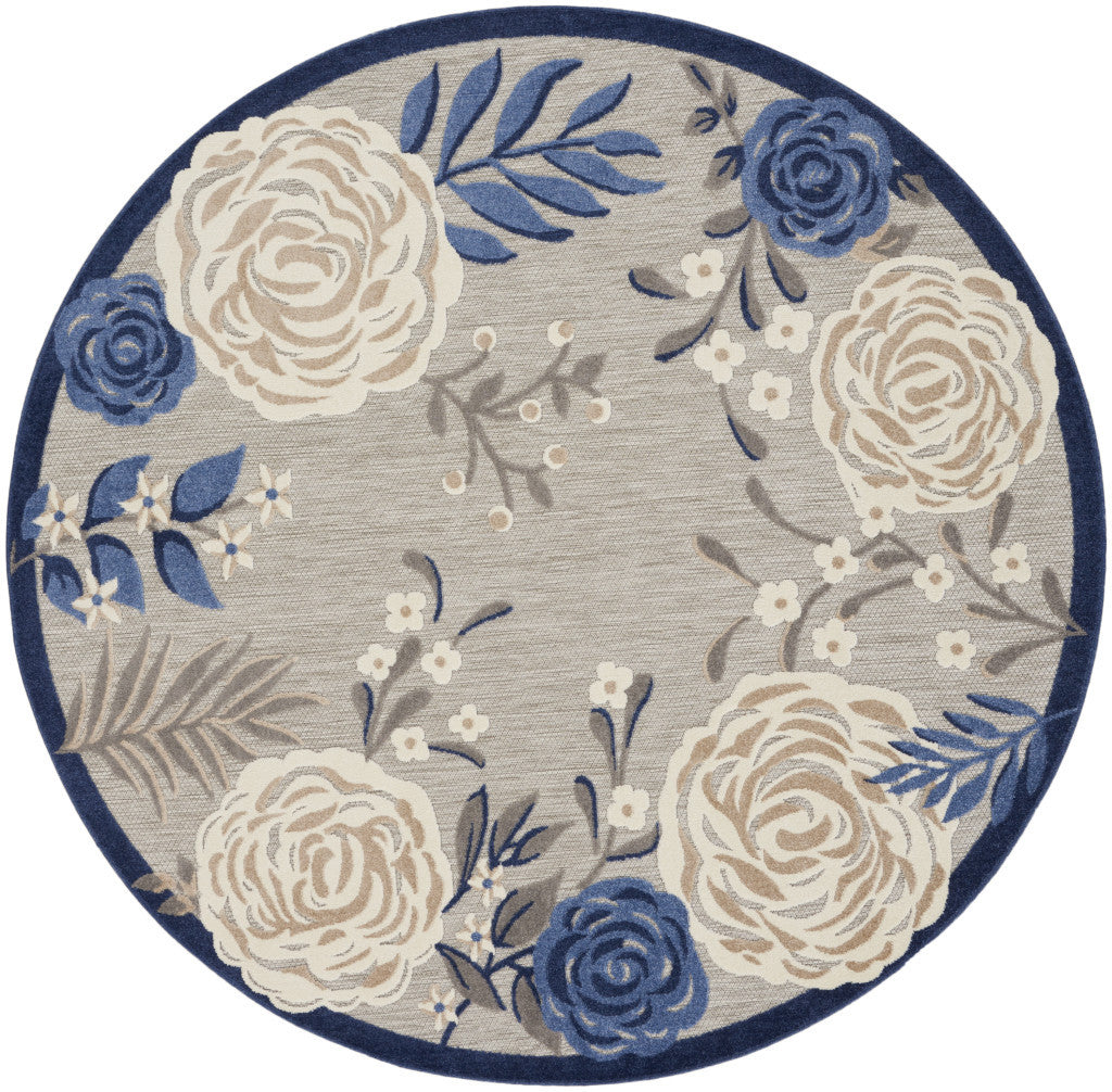 8' Blue and Gray Round Floral Indoor Outdoor Area Rug