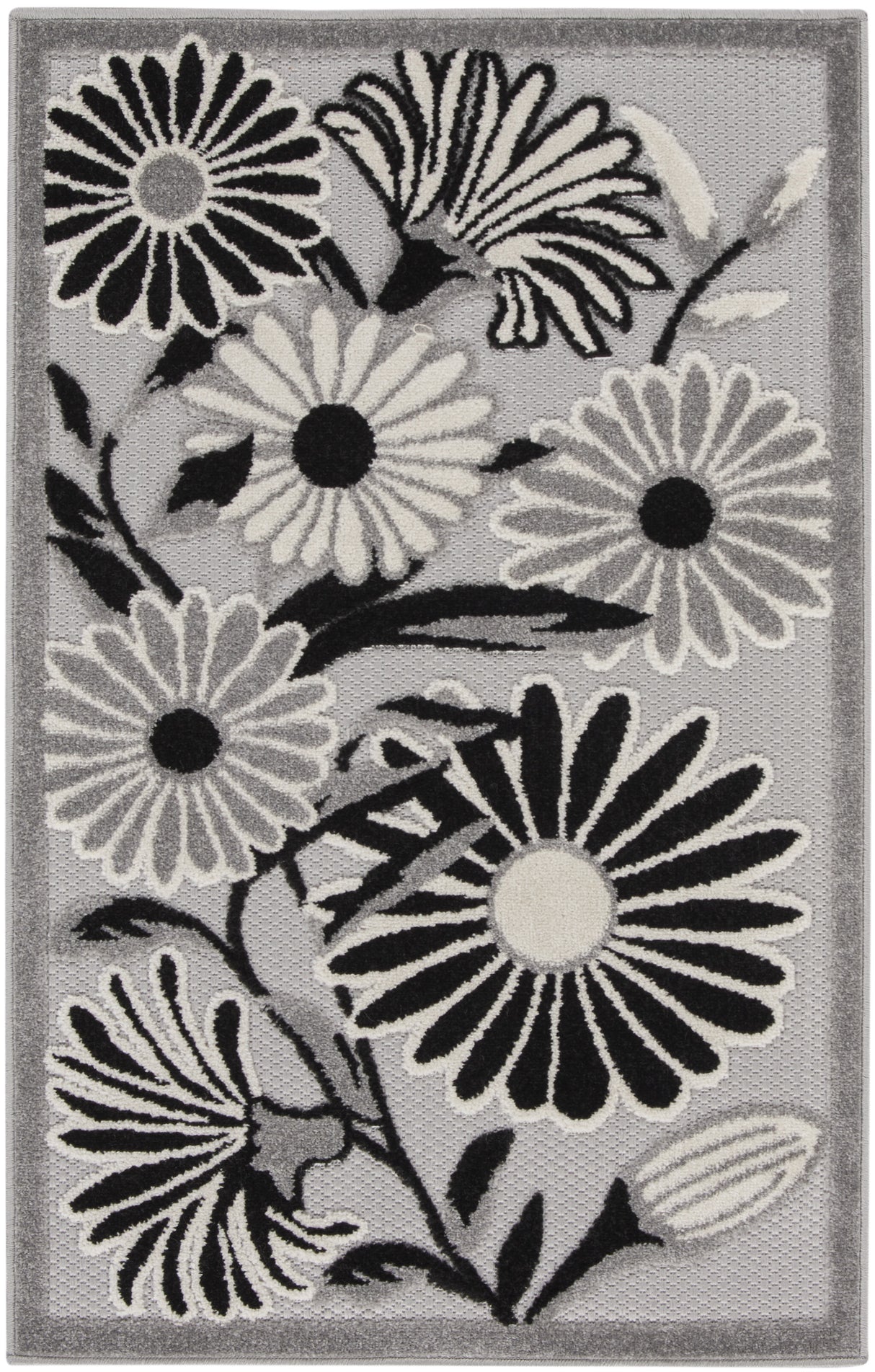 3' X 4' Black and White Floral Indoor Outdoor Area Rug