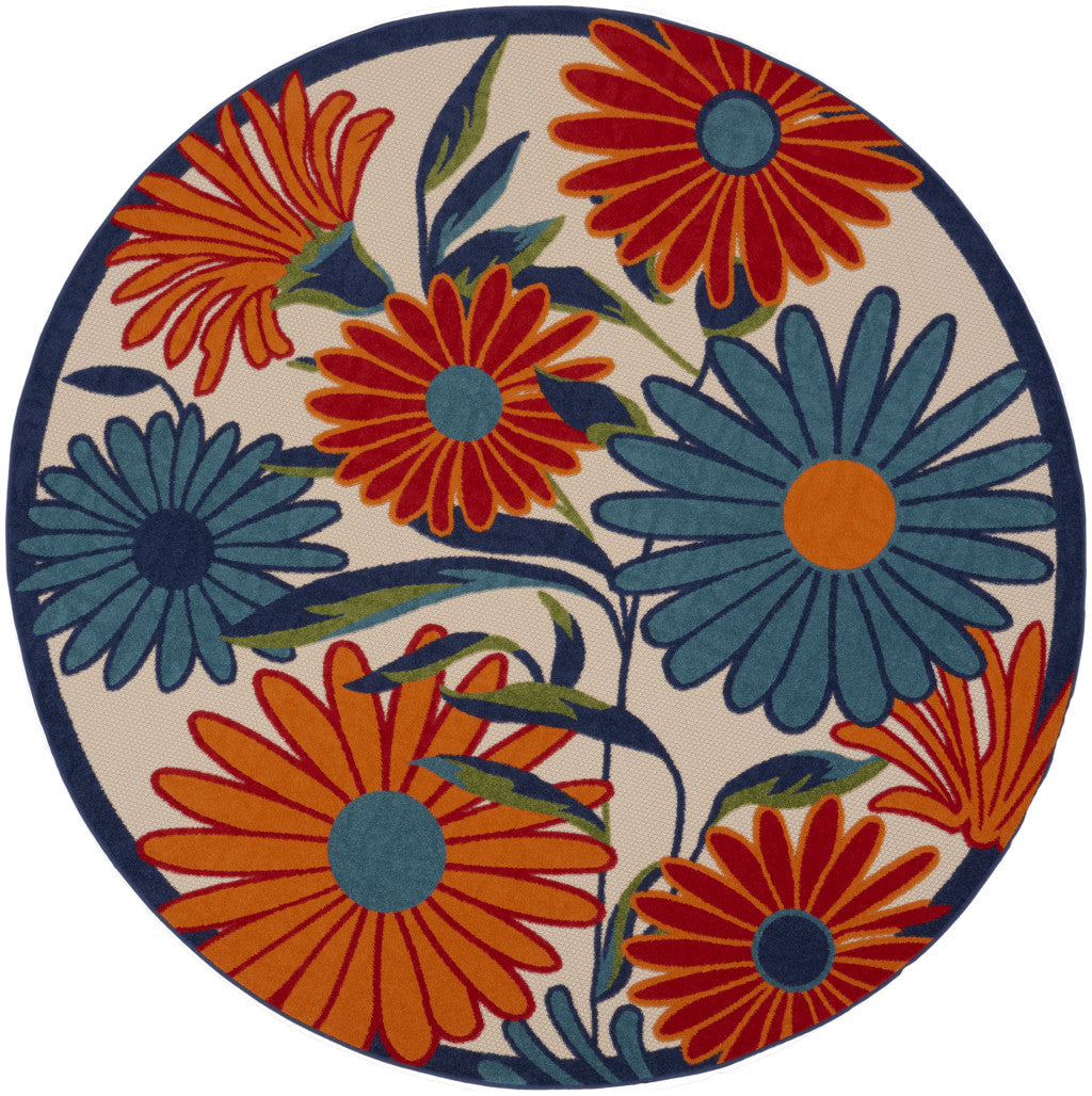 8' Ivory Orange and Blue Round Floral Indoor Outdoor Area Rug